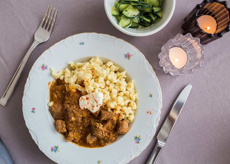 Traditional goulash and spaetzle