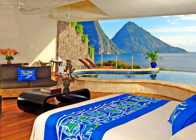Room interior with ocean views and pool