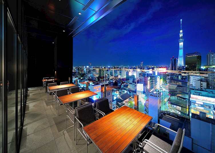 Terrace bar at night, The Gate Hotel Kaminarimon
