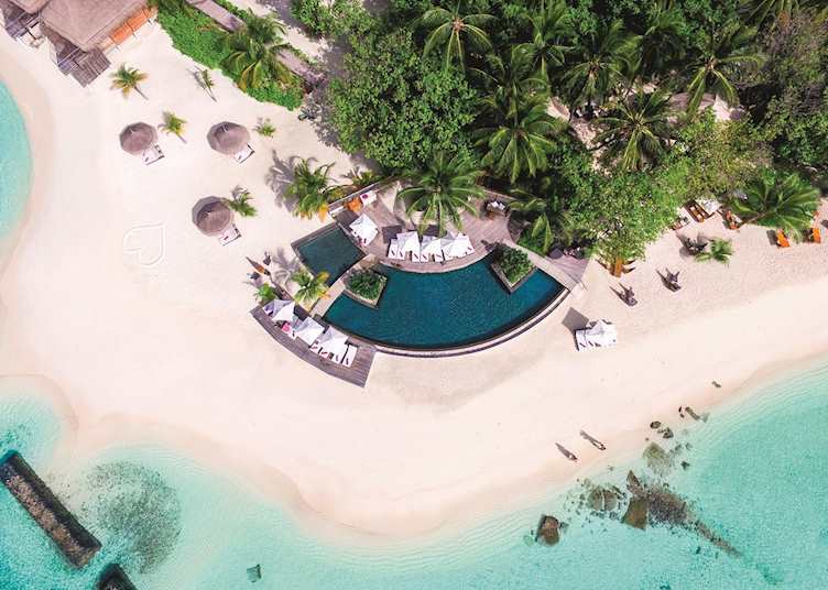 Aerial view of swimming pool, Constance Moofushi