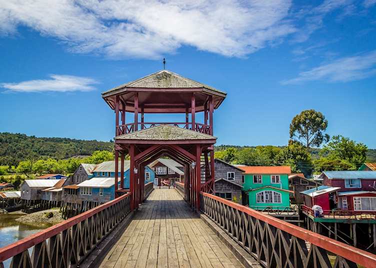 Bridge and traditional stilt houses on Chiloé Island