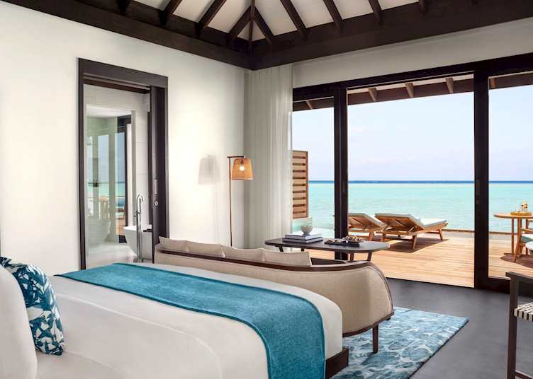 Deluxe overwater villa bedroom, Anantara Veli Maldives Resort