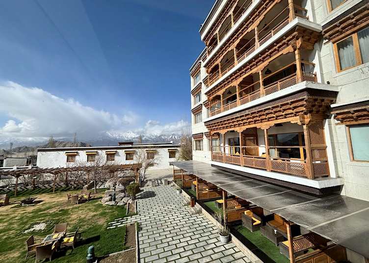 Wooden corbel balconies at Grand Dragon, Leh