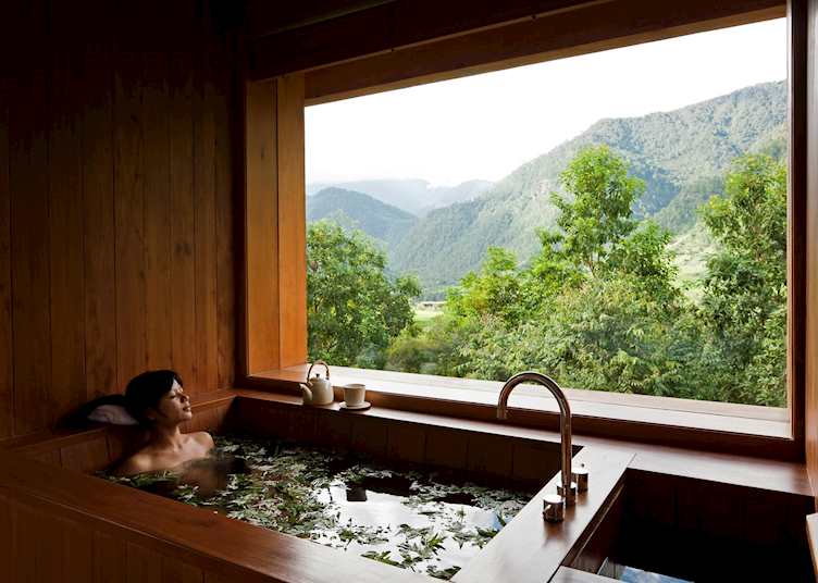 Hot stone bath at the Shambhala Spa at Uma Punakha, Punakha