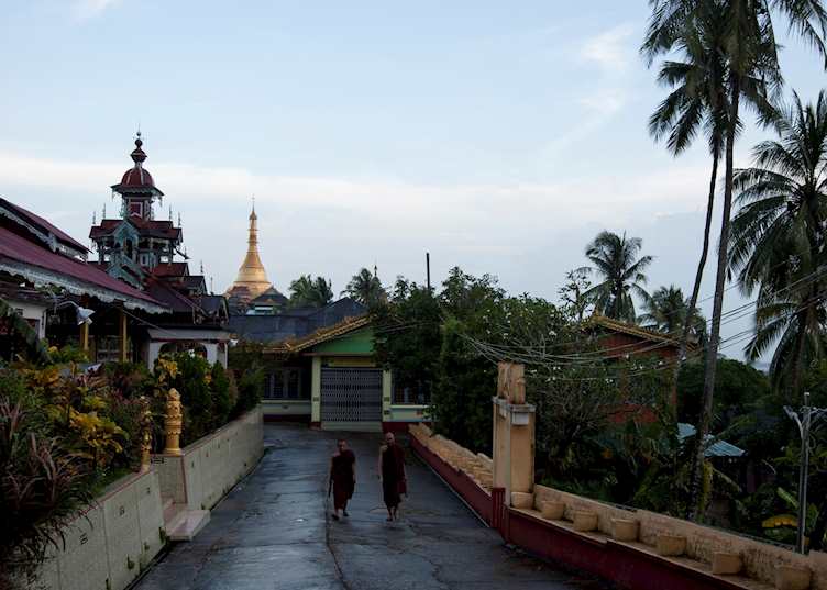 Monks walk from Kipling's Pagoda, Mawlamyine