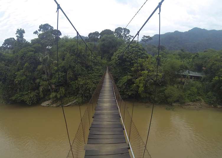 Walking across the bridge to Jungle Lodge, Tangkahan