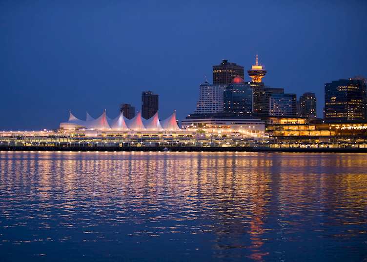 Canada Place and Pan Pacific Hotel from the water at night, Vancouver