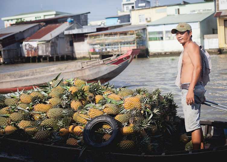 Local selling pineapple at floating market in Can Tho