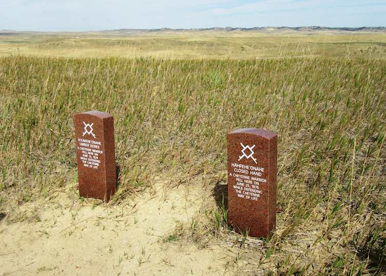 Red granite markers for Plains Indian warriors at Little Bighorn Battlefield, Montana