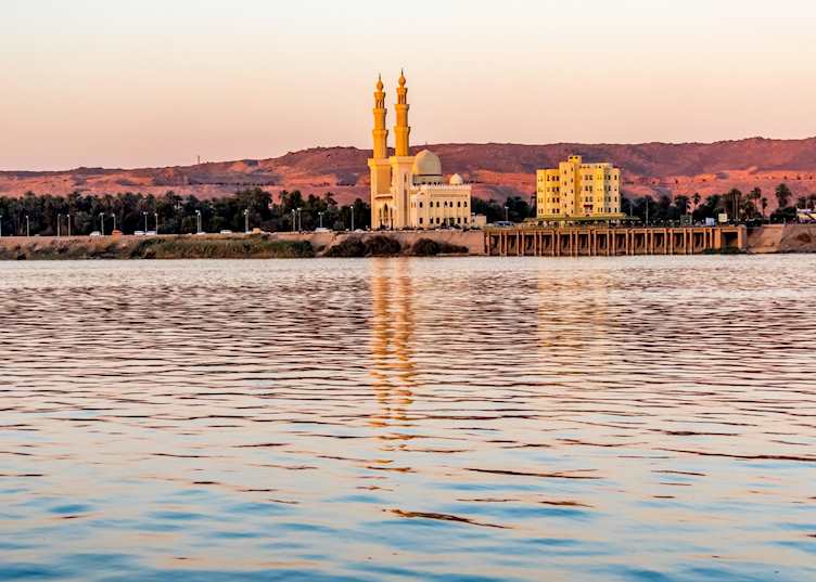Mosque reflections at sunset on the Nile