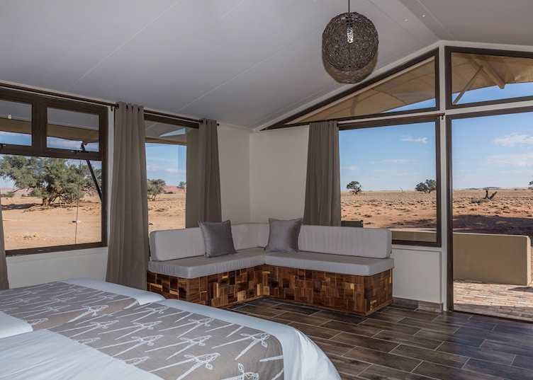Spacious rooms with desert views at Sossusvlei Lodge