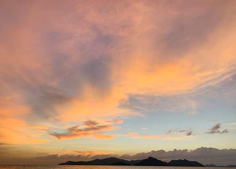 Sunset from La Digue overlooking Praslin 