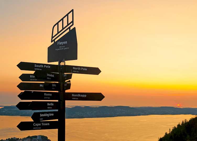 Signpost at the top of Mount Fløyen