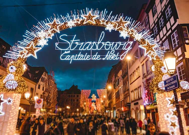 Entrance to The Capitale de Noel at Christmas time in Strasbourg