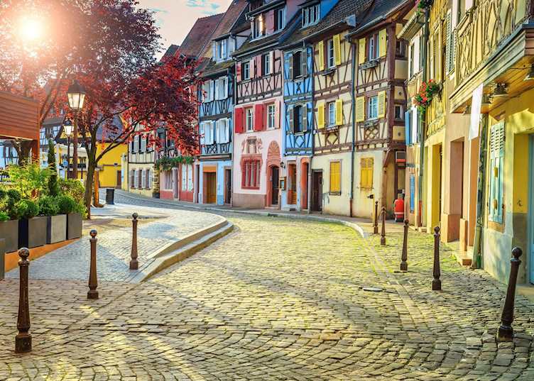 Colorful medieval half-timbered facades in Colmar 