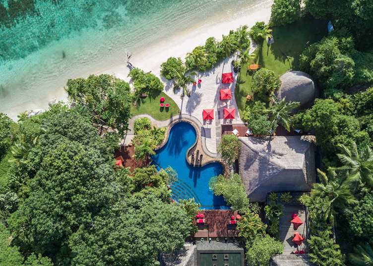 An aerial view of the beachfront TecTec Restaurant, Anantara Maia Seychelles Villas