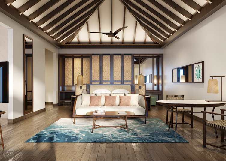 The bedeoom of a Deluxe OVerwater Pool Villa, Anantara Veli Maldives Resort 