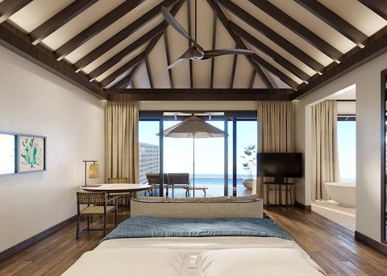 The bedroom in a Deluxe Overwater Pool Villa, Anantara Veli Maldives Resort 