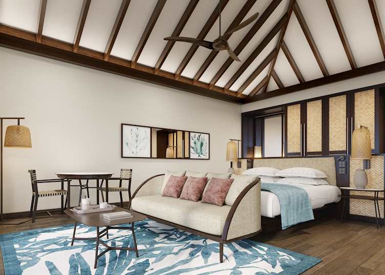 The master bedroom of a Beach Villa at Anantara Veli Maldives Resort 