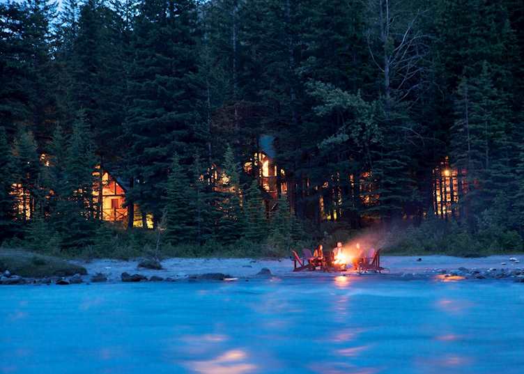Campfire on the water, Cathedral Mountain Lodge, near Field
