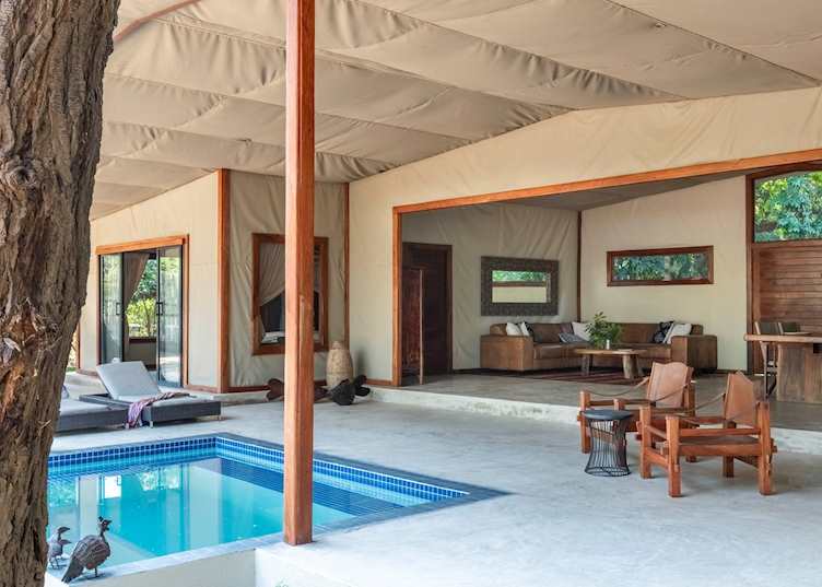 Family tent exterior with plunge pool, Potato Bush Camp