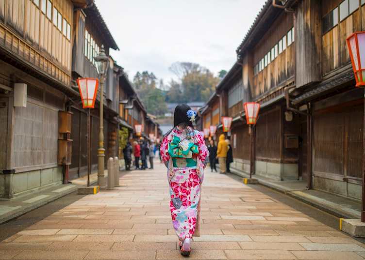 Woman in a kimono walking in Higashiyama, Kanazawa