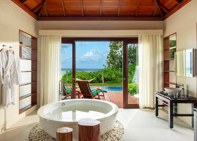 Beach sanctuary pool villa bathroom, Niva Labriz Seychelles
