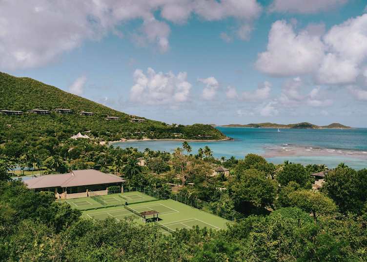 Tennis court and aerial view, Rosewood Little Dix Bay