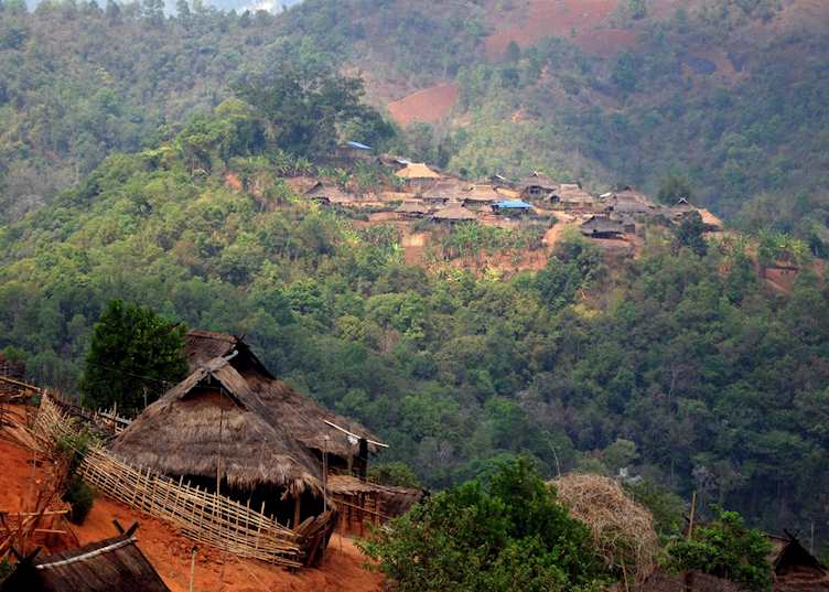The village of Nor Shen in the distance, trekking near Kengtung