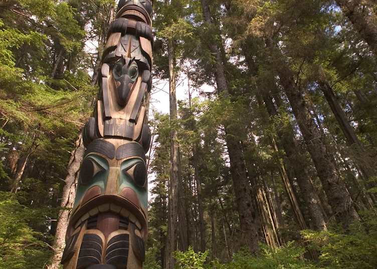 A totem pole in the Tongass National Forest near Ketchikan