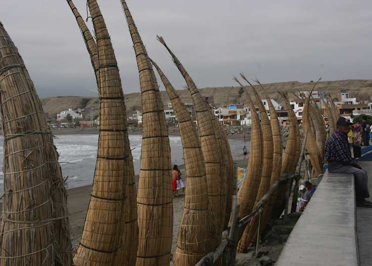 Huanchaco beach and the reed fishing boats