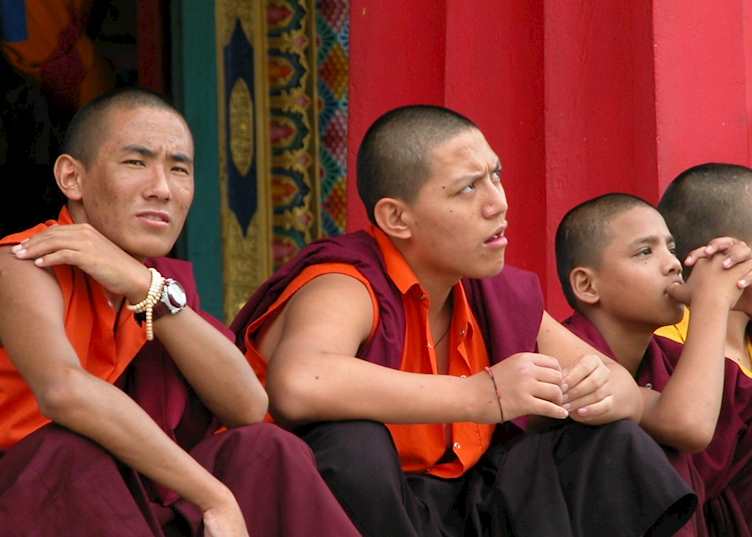Young monks outside the Golden Temple, Namdroling Monastery, near Bylakuppe, Karnataka