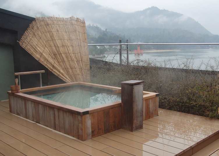 Outdoor 'rotenburo' bath overlooking Itsukushima Shrine