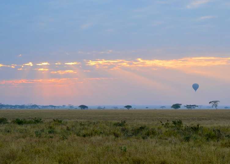 Balloon rising at dawn over the Serengeti