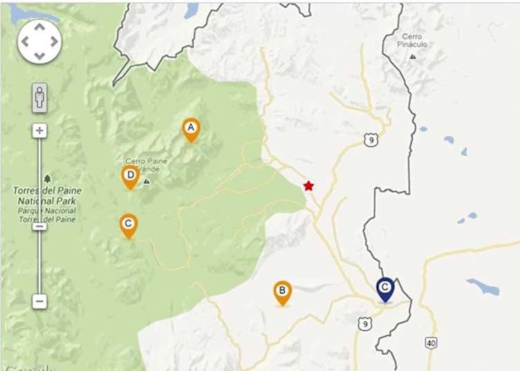 The red star marks the location of Tierra Patagonia