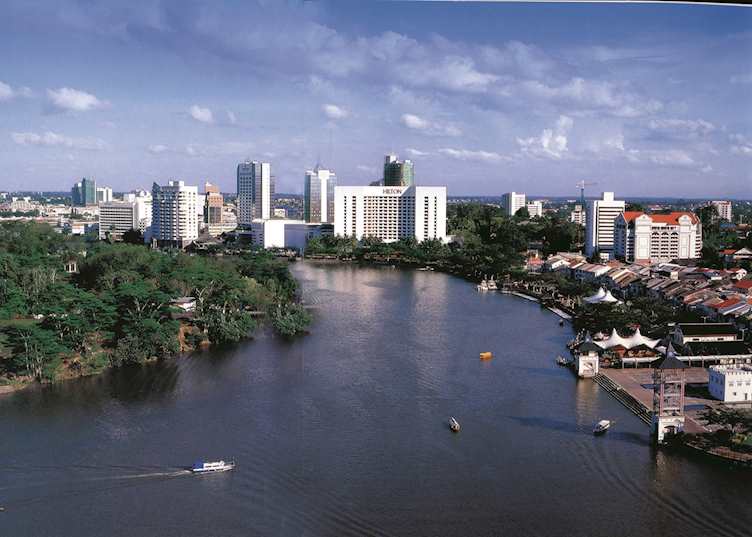Aerial view of the waterfront and the Hilton Hotel, Kuching, Sarawak