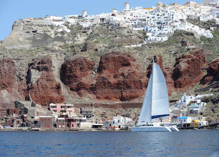 Catamaran in front of Oia, Santorini
