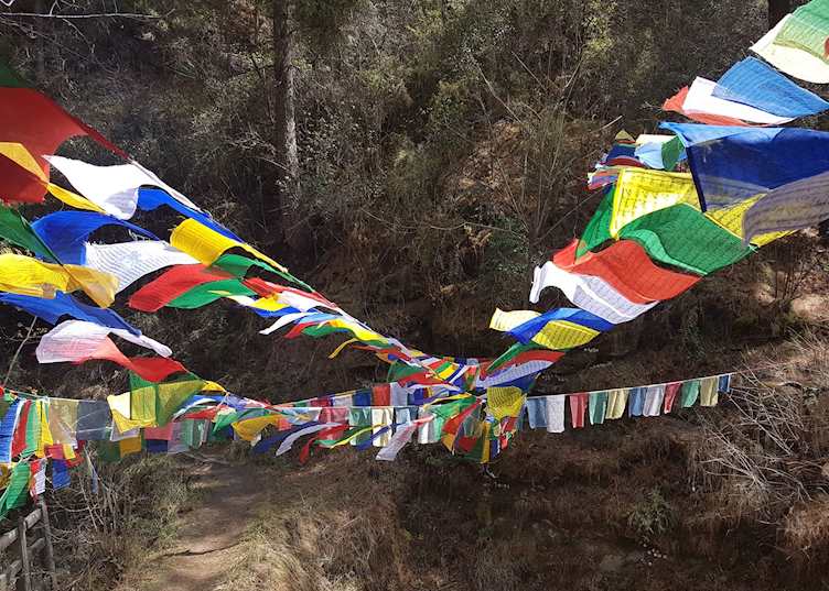 Prayer flags at the flaming lake, Bumthang, Bhutan