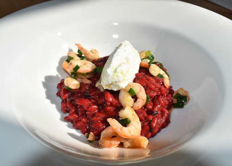 Beetroot risotto with prawns, Trogir