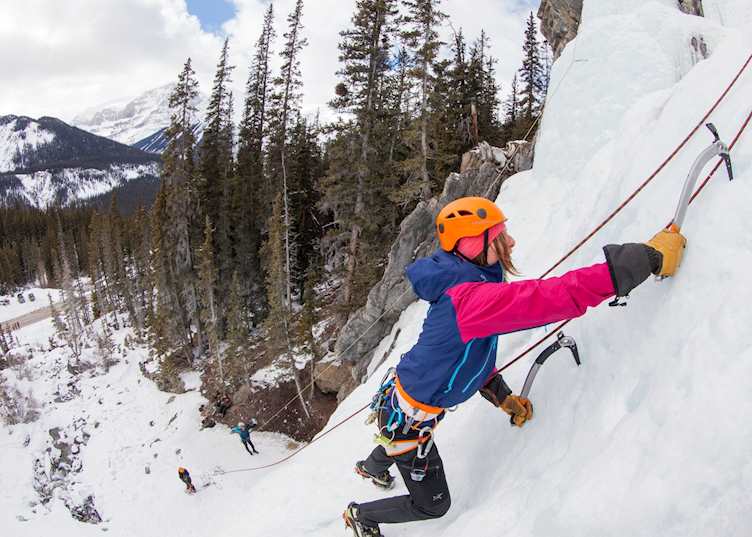 Frozen waterfall ice climbing experience, Jasper 