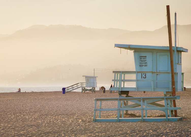 Lifeguard cabin at sunset on Santa Monica beach