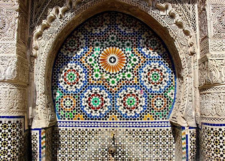 Traditional mosaics at a fountain in Fez