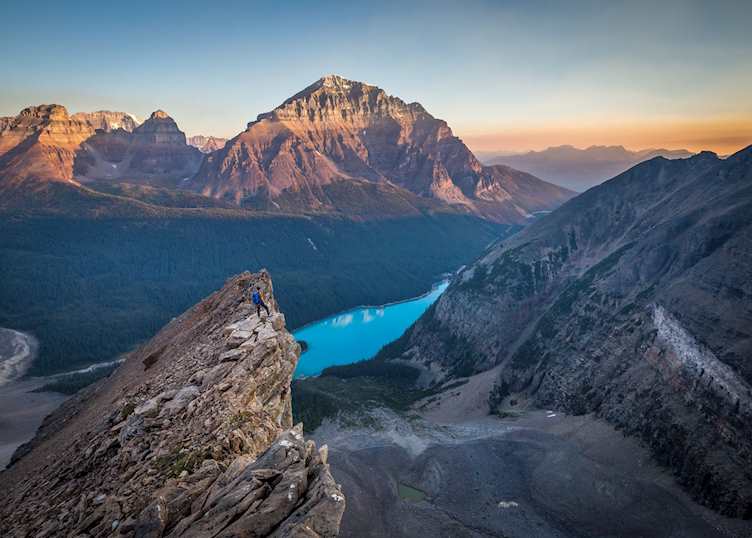 Hiker overlooking Peyto Lake, Banff National Park, Alberta