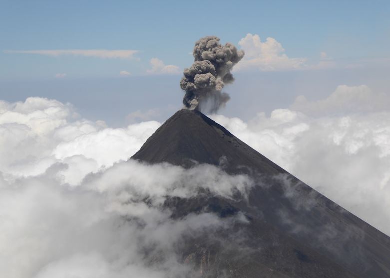 View of Fuego Volcano erupting from the summit of Acatenango Volcano