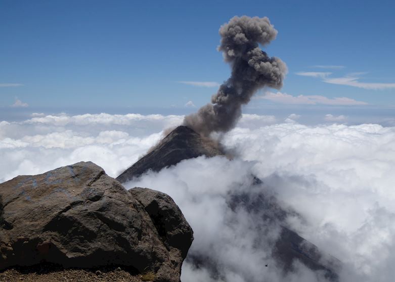 View of Fuego erupting from the summit of Acatenango Volcano