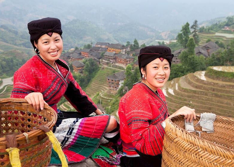 Yao tribe girls in the rice fields, Longji