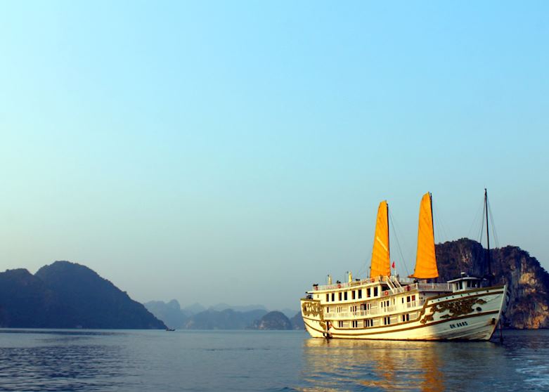 Sunset upon return to Indochina Sails Junk, Halong Bay, Vietnam