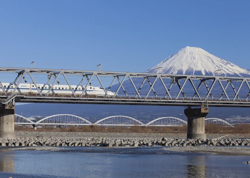 Bullet train passing Mount Fuji