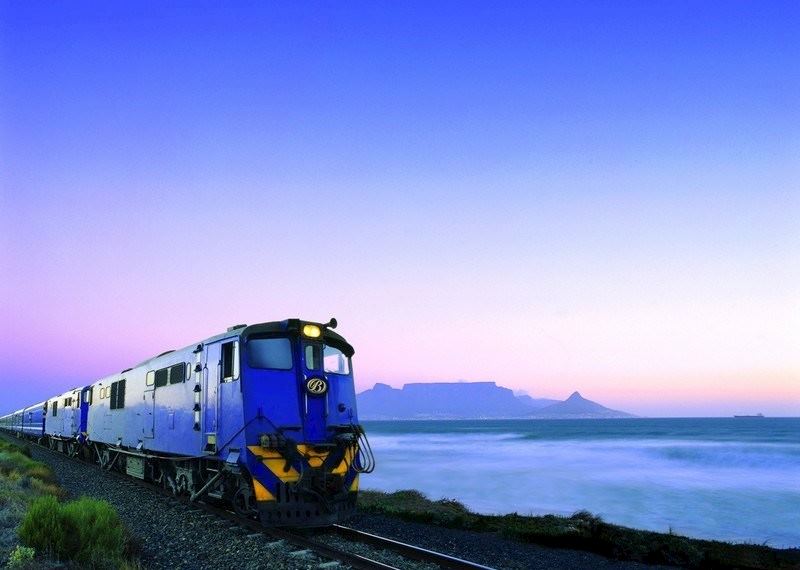 The Blue Train with Table Mountain in the distance