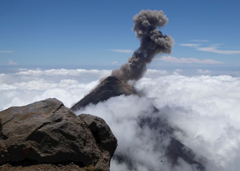 View of Fuego erupting from the summit of Acatenango Volcano